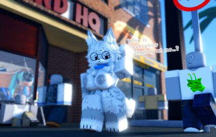 3d anthro areolae big_breasts breasts canid canine english_text exhibitionism female female_focus fox fur male mammal nipples nude outdoors public public_nudity roblox robloxian smark_ad solo solo_focus tail text thighs