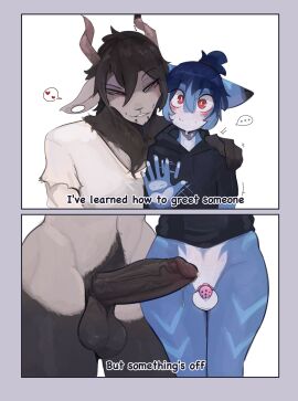 absurd_res anthro balls biped black_body black_fur blue_body blush bottomless bovid caprine chastity_cage chastity_device clothed clothing derio_(kakhao) dialogue duo erection femboy fish front_view fur furry genitals gesture goat grey_body heart_symbol hi_res kakhao male mammal marine original penis penis_size_difference shark simple_background small_penis smile speech_bubble waving white_background zeph_(imaaahorny)