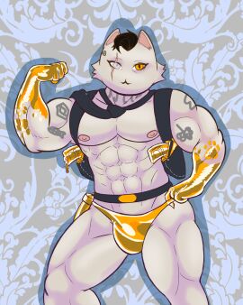 abs absurd_res anthro clothing domestic_cat epic_games felid feline felis footprint fortnite fortnite:_battle_royale gold_(metal) gun guricuya handgun hi_res male mammal meowdas meowscles meowscles_(fortnite) mostly_nude muscular muscular_male muscular_thighs necktie nipples pawprint pecs pistol ranged_weapon scar scared solo solo_focus tattoo thick_thighs thong underwear weapon