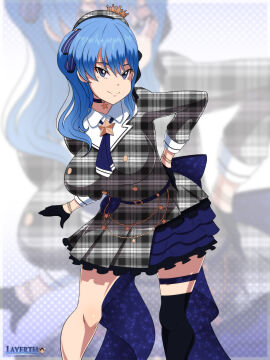 1girls bent_over beret blue_eyes blue_hair breasts choker crown dress female gloves highres hips hololive hololive_gen_0 hololive_japan hoshimachi_suisei jacket jewelry layerth legs light-skinned_female light_skin looking_at_viewer necktie plaid pleated_skirt side_ponytail skirt solo thick_thighs thighhighs thighs virtual_youtuber