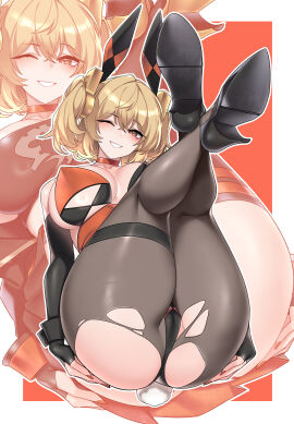 1girls absurdres animal_ear_hairband animal_ears ass bare_shoulders black_gloves black_pantyhose black_shoes black_skirt black_tube_top blonde_hair blush border breasts burnice_white choker collarbone commentary_request crop_top crossed_ankles crossed_bangs dogs_(dlrkdejr26) elbow_gloves fake_animal_ears female fingerless_gloves fingernails gloves hair_between_eyes hair_ornament hairband high_heels highres huge_ass korean_commentary large_breasts legs_up leotard looking_at_viewer multicolored_leotard nail_polish one_eye_closed outline outside_border pantyhose playboy_bunny rabbit_ear_hairband rabbit_ears rabbit_tail red_background red_choker red_eyes red_nails shoes skirt smile strapless strapless_leotard tail thick_thighs thigh_strap thighs torn_clothes torn_pantyhose tube_top two_side_up white_border white_outline zenless_zone_zero zoom_layer