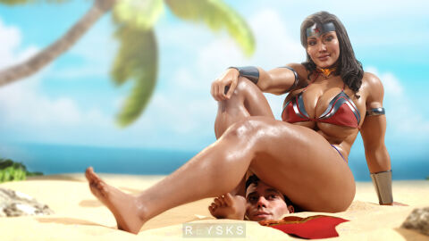 1boy 1girls 3d ass beach big_breasts bikini breasts buried_in_sand bursting_breasts clark_kent dc dc_comics diana_prince female huge_breasts kal-el looking_at_viewer male muscular muscular_female pose rysketches sand sitting_on_head sitting_on_person solo solo_focus superman superman_(clark_kent) superman_(series) thick_thighs wide_hips wonder_woman wonder_woman_(injustice) wonder_woman_(series)