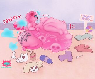 absurd_res anthro ass ball beach beach_ball belly big_belly big_butt blue_sclera blue_tongue body_writing bone bones_in_stomach bottle bubble clothing container death digestion drunk drunk_bubble eyewear fart fart_cloudd fatal_vore fur glasses hard_vore hi_res huge_belly huge_butt inflatable kneeling male mammal mass_vore murky_winters nude onomatopoeia outside pink_body pink_fur procyonid raccoon silly_face skull skull_imprint sound_effects stomach_bulge substance_intoxication tally_marks text tongue tongue_out torn_clothing unwilling_prey vore vore_day zigzzyracoon