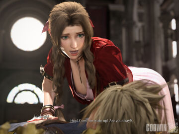 1boy 1girls 3d aerith_gainsborough blonde_hair braid braided_hair braided_ponytail breasts brown_hair caption cleavage clothed clothed_male cloud_strife dialogue female final_fantasy final_fantasy_vii final_fantasy_vii_remake godwin green_eyes light-skinned_female light-skinned_male light_skin long_hair looking_at_another male neroxliv nipple_slip nipslip small_breasts subtitled tagme