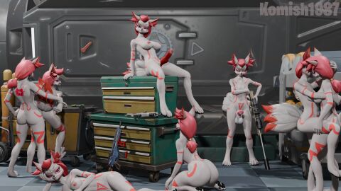 animal_genitalia animal_penis anthro blender_(artwork) breasts canid canine digital_media_(artwork) epic_games equine_genitalia equine_penis female female/female fortnite fox fur futanari genitals group group_nudity gun hair hi_res intersex intersex/female kimiko_(fortnite) kimiko_five-tails kissing knot komish1987 looking_at_viewer looking_back mammal markings penetration penis ranged_weapon red_hair selfcest small_breasts square_crossover weapon white_body white_fur