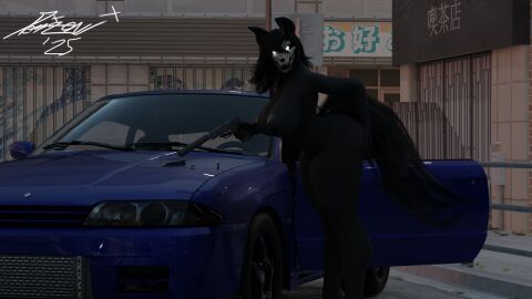 16:9 2025 anthro ass black_body black_hair black_tail blender_(artwork) blue_car breasts bullet car city city_background digital_media_(artwork) domizoni female firearm glowing glowing_eyes gun hair hand_on_ass hand_on_butt handgun hi_res holding_gun holding_object holding_ranged_weapon holding_weapon looking_at_viewer magazine mal0 malo nude nude_anthro nude_female open_mouth pistol ranged_weapon scp-1471 scp-1471-a scp_foundation solo suppressor tail thick_thighs tongue tongue_out vehicle weapon widescreen