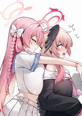 2girls ^^^ blue_archive blush breast_press breasts female flat_chest from_side fully_clothed gigantic_breasts half-closed_eyes hanako_(blue_archive) hugging hugging_from_behind koharu_(blue_archive) make-up_work_club_(blue_archive) multiple_females multiple_girls pumiss shocked slit_pupils smile trinity_general_school_student