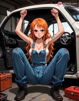 ai_generated angry blush brown_boots car_garage car_interior cleavage clenched_teeth concrete_floor crotch_cutout denim_overalls detailed_eyes dirty_clothes female from_side full_body grabbing_another's_hands grease_on_clothes hair_between_eyes hands_on_car_door indoors large_breasts long_hair luneiai mechanic nami_(one_piece) navel nipples_visible_through_clothing no_bra open_car_door open_mouth orange_hair overalls partially_zipped_clothes pussy_focus sharp_teeth side_view sidelocks solo spread_legs squatting squatting_on_vehicle tattoo_on_arm topless white_car work_boots zipper