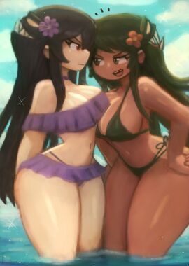2girls absurdres angry bikini bikini_skirt black_hair blush breasts choker cleavage cloud collarbone dark-skinned_female dark_skin extra_mouth filia_(skullgirls) flower fukua_(skullgirls) green_bikini green_eyes green_hair hair_flower hair_ornament hands_on_own_hips highres large_breasts leaning_forward long_hair looking_at_another multiple_girls navel ocean open_mouth purple_bikini red_eyes samson_(skullgirls) side-tie_bikini_bottom skullgirls sky smile sparkle standing swimsuit teeth thick_thighs thighs tony_welt wading water wide_hips