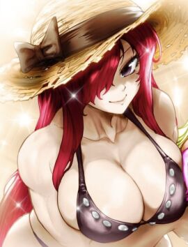 1girls breasts erza_scarlet fairy_tail female female_only hair_over_one_eye hat huge_breasts long_hair red-haired_female red_hair solo straw_hat tagme thegoldensmurf