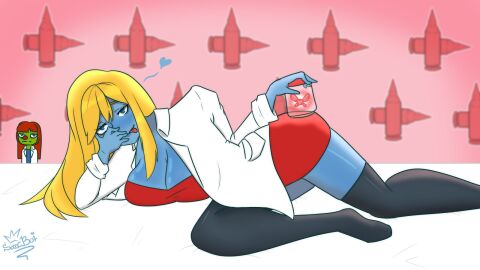 2024 2girls :p blonde_hair blue_skin blush bottle breasts enter_the_gungeon fairy female green_skin heart hi_res labcoat mendy_(enter_the_gungeon) patches_(enter_the_gungeon) red_dress red_hair sollyzcrown thighhighs tongue unamused