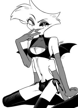 4_arms absurd_res angel_dust_(hazbin_hotel) anthro arachnid arthropod bulge chest_tuft clothed clothing demon devil_costume do_not_distribute enaic31 fake_wings femboy hazbin_hotel hi_res looking_at_viewer male monochrome multi_arm multi_limb navel solo spider tongue tongue_out tuft