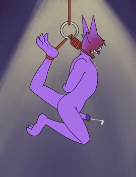 3_toes aaron_amethyst absurd_res anthro asphyxiation bodily_fluids drooling ejaculation fangs feet frenum_ladder frenum_piercing gem_eyes generation_3_pokemon genital_piercing genitals hands-free hands_behind_back hanged hi_res jett_(aaron_amethyst) ladder_piercing male nintendo noose nude open_mouth penis penis_piercing piercing pokemon pokemon_(species) prince_albert_piercing rope sableye saliva solo teeth toes