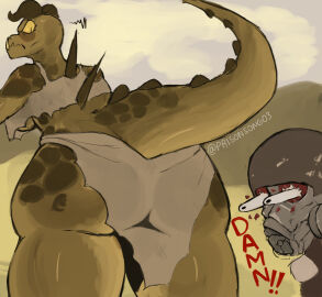 1boy 1girls anthro anthro_female ass ass_focus butt_focus danksolent deathclaw deathclaw_humanoid fallout fallout_new_vegas female female_deathclaw from_behind furry furry_female horns loincloth male ncr_ranger_(fallout) prisonsong03 scalie scalie_female suprised suprised_eyes sweat tagme tail