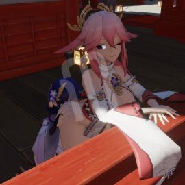 3d anilingus ass ass_eating ass_grab blender butt_grab complex_background ear ears_down face_in_ass female fox_ears fox_girl genshin_impact hair_ornament hoyoverse lesbian_sex mihoyo pink_hair purple_eyes purple_hair purple_nails raiden_shogun rimjob rimming rimming_female sleeves smug smug_face smug_grin the_michael watermark yae_miko yuri