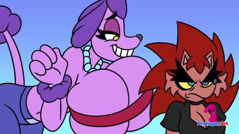 2d 2girls 4_fingers amelia_(protagon) amelia_hedge animated anthro armband barely_contained big_breasts blue_eyes bouncing_breasts breasts canine cleavage cleavage_overflow dazed dog_girl duo eulipotyphlan eyelashes eyeliner female female_only furry grin half-closed_eyes head_tuft hedgehog jiggle jiggling_breasts leaning_forward leggings looking_down mascara necklace original original_character pearl_necklace penelope_(protagon) penelope_de_caniche poodle protagon punch purple_body purple_fur purple_hair red_body red_hair sheepish_(series) size_difference smile smug smug_grin snout sound sound_effects star_(symbol) strapless strapless_bra tagme tail taunting teasing underboob video yellow_eyes yellow_sclera