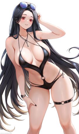 1girls barely_clothed barely_contained bikini black_hair black_nail_polish black_nails blush breasts female female_focus female_only goddess_of_victory:_nikke hi_res high_resolution highres huge_breasts key key_necklace large_breasts legs light-skinned_female light_skin long_hair maiden_(nikke) maiden_(under_the_sun)_(nikke) narijade necklace red_eyes simple_background smile solo solo_female sunglasses sunglasses_on_head swimsuit thick_thighs thighs