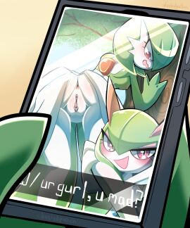 ambiguous_gender anus blush dustedpollen electronics eyeshadow female flustered gallade gardevoir generation_3_pokemon generation_4_pokemon genitals hi_res holding_leg holding_object holding_phone holding_tree kirlia lesbian looking_down_at_another makeup message nintendo nipples phone plant pokemon pokemon_(species) pokemon_only pussy smug tree yuri