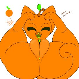 absurd_res alpog21_(artist) ass big_ass big_butt big_pussy closed_eyes curling_tail domestic_cat eyebrows felid feline felis female feral food fruit genitals green_mouth happy hi_res leaf lying mammal open_mouth orange_body orange_ears orange_legs orange_paws plant plump_labia presenting presenting_pussy pussy solo tail talking_to_viewer thick_thighs trod