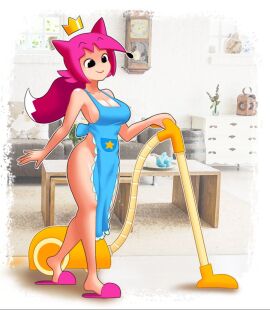 1girls apron background casual crown female fox functionally_nude human light-skinned_female light_skin minus8 outerwear pale_skin pink_hair pinkfong shaded slippers solo star tagme vaccum