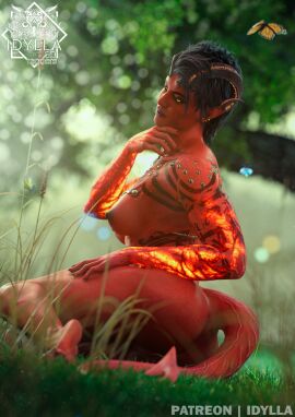 1girls 3d 3d_(artwork) areolae ass baldur's_gate baldur's_gate_3 barbarian barefoot blurry_background breasts butterfly completely_nude detailed_background dungeons_and_dragons feet female female_focus female_only forest forest_background horns idylla karlach large_ass large_breasts looking_at_viewer nipples nude pointy_ears scars solo solo_female solo_focus tail tiefling wizards_of_the_coast