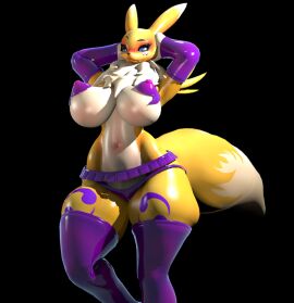 anthro bandai_namco canid canine clothing digimon digimon_(species) female fluffy fluffy_tail fox gloves hands_behind_head handwear latex latex_clothing maxwell258 pasties renamon renamon_(bom39) solo tail