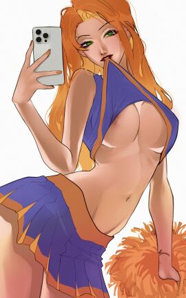 1girls big_breasts breasts cheerleader cheerleader_uniform female female_only huge_breasts in_pand kim_possible kimberly_ann_possible miniskirt nipples orange_hair selfie shirt_lift skirt smartphone solo solo_female