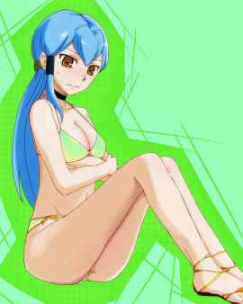 1girls blush cardfight!!_vanguard embarrassed female green_background jillian_chen oda_koziki sitting solo solo_female stomach swimsuit