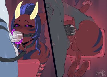 anus ass balls blaidd_(elden_ring) blush bodily_fluids bondage bored_user bound collar dungeons_and_dragons elden_ring erection femboy fromsoftware genital_fluids genitals glowing glowing_tongue group hair hi_res horn human humanoid kyle_r._fish male male/male mammal nude penis pyerack simple_background solo_focus sweat tail through_wall tiefling tongue tongue_out trio