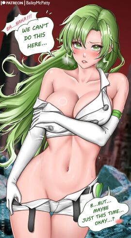 1girls baileymcpatty bleach bleach:_the_thousand-year_blood_war blush candice_catnipp dialogue female female_only green_eyes green_hair no_bra no_panties solo_focus stripping sweat sweatdrop wet_body