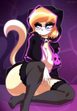 2024 alfa995 anthro ass bell_collar big_ass big_breasts breasts cleavage collar domestic_cat felid feline felis female glasses goth goth_girl hi_res orange_hair pink_nose queen_(alfa995) thick_thighs