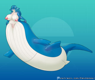 anthro anus apode belly blue_hair blue_skin breasts chubby chubby_female dex_appeal female fins flippers gen_3_pokemon huge_breasts large_breasts large_nipples merfolk mermaid mermaid_girl nintendo nipples pokemon pokemon_(species) pokemorph pussy wailord whale whale_girl whale_tail