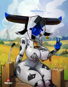 1girls blue_eyes blush_lines cloud clouds cow_girl cow_horns cowbell female female_only fence grass horns nipple_piercing nipples piercing psyk323 robot robot_girl screen_face sky solo solo_female tail v what
