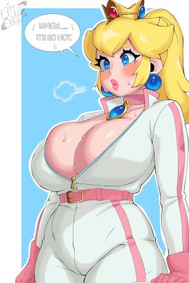 1girl big_breasts biker_clothes bikesuit blonde_hair blue_eyes blush breasts cleavage crown curvy english_text gloves huge_breasts jewelry lips long_hair mario_(series) mario_kart nintendo princess_peach princess_peach_(aero) speech_bubble supdiff sweat