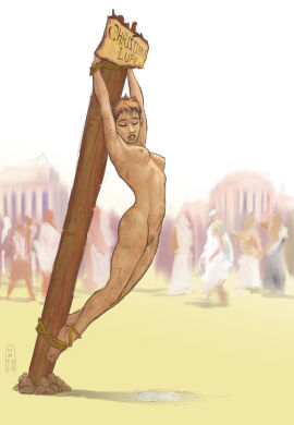 athletic athletic_female bondage bound crowd female forced_nudity hadalmartian human humiliation muscular petite pubic_hair public public_nudity puddle punishment pussy short-haired_female short_hair sign sweat tomboy vaginal_fluids wooden_post