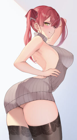 :q absurdres alternate_costume arm_behind_head ass backless_outfit bare_shoulders black_thighhighs blush breasts curvy dress female from_side grey_sweater hair_between_eyes hair_ribbon hand_on_own_hip heterochromia highres hololive hololive_fantasy hololive_japan houshou_marine large_breasts long_hair looking_at_viewer pi_tayuko red_eyes red_hair red_ribbon ribbed_sweater ribbon sleeveless sleeveless_sweater sleeveless_turtleneck smile solo sweater sweater_dress thighhighs thighs tongue tongue_out turtleneck turtleneck_sweater twintails virgin_killer_sweater virtual_youtuber yellow_eyes