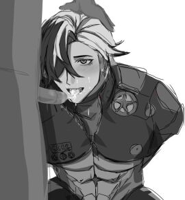 blush boothill_(honkai:_star_rail) bound bound_arms cowboy cum cum_in_mouth cyborg erection gay honkai:_star_rail honkai_(series) male male/male male_only open_mouth oral oral_sex penis uncensored white white_hair yaoi