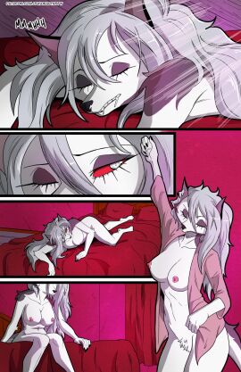 2024 4_toes 5_fingers anthro barely_visible_genitalia barely_visible_pussy bathrobe bed bedroom black_nose bodily_fluids breasts canid canid_demon canine closed_eyes clothed clothing comic demon digital_media_(artwork) dressing drooling english_text feet female fingers fur furniture genitals grey_body grey_fur hair hellhound helluva_boss hi_res hindpaw humanoid_hands long_hair loona_(helluva_boss) lying lying_on_bed mammal morning multicolored_body multicolored_fur mythological_canine mythological_creature mythology navel nipples nude nude_anthro nude_female on_bed on_front partially_clothed partially_clothed_anthro partially_clothed_female paws pubes pussy red_sclera robe saliva silver_hair sitting sitting_on_bed sleeping solo swain_(artist) tail teeth text toes two-tone_body two-tone_fur url waking_up white_body white_eyes white_fur