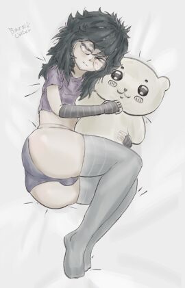 1boy ass barsik_chiter big_ass big_thighs blush crossdressing femboy glasses hugging_object long_hair oc panties penis_in_panties plushie sleeping thighhighs thighs topwear