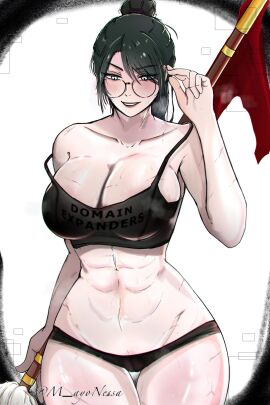 abdominals abs big_breasts blush bra breasts dark_hair domain_expansion eyeliner female female_focus female_only fit fit_female fitness glasses holding_glasses huge_breasts jujutsu_kaisen jujutsu_kaisen_0 m_ayonessa muscle_mommy muscles panties shiny_skin slim_waist smirk strong_female thick_thighs thighs tomboy wide_hips zenin_maki