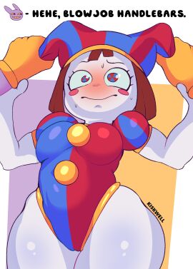 1boy 1girls blush blushing_profusely breasts cleavage clothed clothing english_text female glitch_productions grabbing jax_(the_amazing_digital_circus) kiskjeez male pomni_(the_amazing_digital_circus) pov_hands small_breasts sweat tagme teasing the_amazing_digital_circus white-skinned_female wide_hips