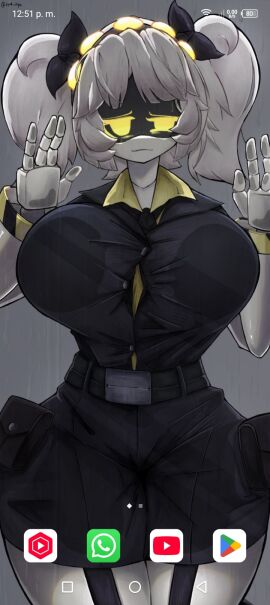 1girls against ass at big big_breasts body breasts clothed clothing epokguyz eyes female female_focus female_only gigantic glass hair j_(murder_drones) looking murder_drones not_furry only sliver solo surface thick thighs twintails viewer wallpaper wallpaper_(decoration) white yellow