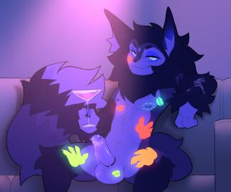 1boy alcohol anthro balls barbell_piercing bedroom_eyes beverage bite_mark_on_chest black_body black_fur black_hair blacklight blue_pawpads bodily_fluids cocktail cocktail_glass container cup decodecker domestic_cat drinking_glass dripping erection felid feline felis foreskin fur furniture genital_fluids genitals glass glass_container glass_cup grey_background grey_body grey_fur hair half-closed_eyes hand_print_on_leg hi_res humanoid_genitalia humanoid_penis inner_ear_fluff inviting kiss_mark_on_balls kiss_mark_on_chest kiss_mark_on_face lipstick_mark lipstick_on_balls lotus_(oolongmatchatea) male mammal mane mane_hair martini narrowed_eyes nipple_barbell nipple_piercing nipples nude on_sofa pawpads paws penis piercing precum precum_drip precum_string rainbow_party seductive simple_background smile smirk smug smug_face sofa solo solo_male tuft uncircumcised