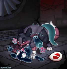 anal anal_sex artist_name ass blue_body blue_fur blush blush_lines bodily_fluids cum cum_in_ass cum_inside detailed_background digital_media_(artwork) dominant dominant_male duo egg entwined_tails fan_character feet feral from_front_position fur genital_fluids genitals green_body green_fur hi_res holding_down inv_(rain_world) lamplighter_(kirinfox) looking_at_another looking_down lying male male/male male_penetrated male_penetrating male_penetrating_male missionary_position motion_lines multicolored_body nude on_back outside outside_sex overwhelmed pawpads paws penetration penis pinned pinned_arms pinned_to_ground pinning_down plutoumbreon post-apocalyptic purple_body purple_fur purple_sclera rain_world ruins saliva saliva_on_tongue saliva_string sex signature slugcat smile submissive submissive_male tail tail_coil tapering_penis text toes tongue tongue_out twitching_toes videocult white_eyes