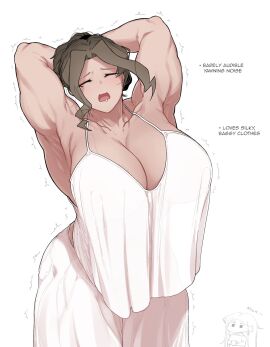 1girls armpit arms_over_head big_breasts breasts brown_hair cleavage closed_eyes clothing english_text female female_only geumgang_(oddsnail) huge_breasts human light-skinned_female light_skin motion_lines muscular muscular_arms muscular_female nightgown nipple_bulge oddsnail original see-through see-through_clothing solo_focus text tired white_background white_clothing yawn