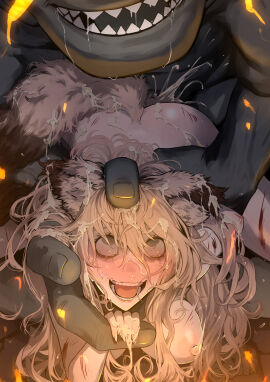 absurdres ape arm_grab arm_held_back blonde_hair blue_hair blush breasts completely_nude crying crying_with_eyes_open cum defeat female freckles haplorhine injury long_hair medium_breasts monster nipples nude open_mouth primate pussy red_eyes restrained ryona sex sex_from_behind shitappa0120 size_difference straight tears torn_clothes vaginal_penetration zoophilia