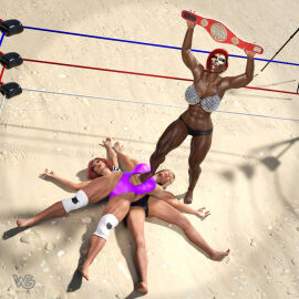 3d 3d_(artwork) 3d_model 3girls abs african african_annihilator african_female artist_logo artist_name artist_signature barefoot big_breasts black_bikini black_bikini_bottom black_bikini_only black_bikini_top blonde-haired_female blonde_female blonde_hair breasts broad_shoulders brown_hair brunette_female brunette_hair catfight celebrating celebration champion championship_belt chocolate_and_vanilla cleavage dark-skinned_female dark_skin daz3d daz_3d daz_studio facepaint female female_abs holding holding_object hourglass_figure hourglass_figured_female kneepads muscle_growth muscle_tone musclegut muscles muscular muscular_arms muscular_female muscular_legs muscular_thighs original original_characters page_38 purple_one-piece_swimsuit purple_swimsuit purple_swimwear red-haired_female red_hair referee ropes sand standing standing_on_one_leg standing_on_person stepped_on stepping_on_female tongue tongue_out turnbuckle voluptuous voluptuous_body voluptuous_female watermark weird-grafx winner wrestler wrestling wrestling_belt wrestling_femdom wrestling_match wrestling_move wrestling_outfit wrestling_ring wrestlingryona