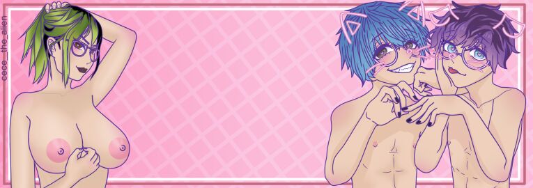 anime_style areola armpits big_breasts big_nipples breasts female gay green_hair male naked naked_male pink_nipples