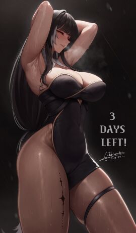 1girls armpits arms_behind_head arms_up baizhi_(wuthering_waves) black_hair breasts chinese_clothes chinese_dress cleavage cleavage_cutout cleavage_overflow closed_eyes english_text female female_focus female_only hands_behind_head hands_up large_breasts light-skinned_female light_skin long_hair no_panties rain raining shiwudesu steam steamy_breath tagme thick_thighs thighs wet wet_body wet_clothes wet_clothing wet_skin wide_hips wuthering_waves