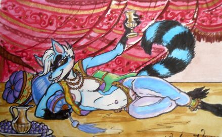 anthro areola beaded_jewelry beaded_necklace beads belt blue_body blue_fur bottomless bottomless_anthro bottomless_female bracelet breasts brown_eyes claws clothed clothing container cup curtains facial_markings female food fruit fur genitals goblet grape hair harem harem_jewelry harem_outfit head_markings holding_object ineffective_clothing jewelry looking_at_viewer mammal markings mask_(marking) mostly_nude mostly_nude_anthro mostly_nude_female navel navel_piercing necklace nipples open_clothing open_topwear open_vest piercing pillow pitcher plant procyonid pussy raccoon raccoon_tail rosealie_(bahumot) smile solo striped_markings striped_tail stripes tail tail_markings topwear vest vicky_wyman vulva white_body white_fur